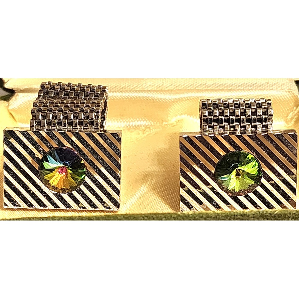 VTG New Michelangelo Collection Silver Tone Mesh Cufflinks Iridescent Crystal